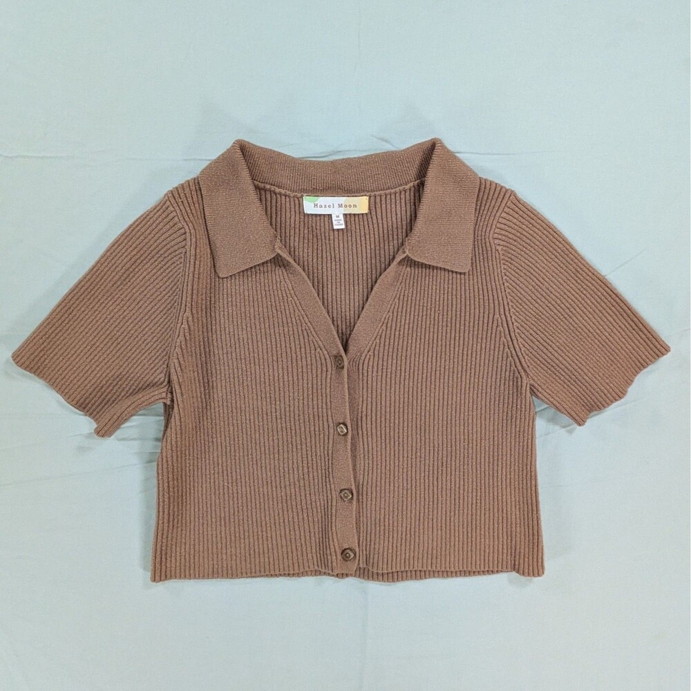 Hazel Moon Brown Ribbed Collared Short Sleeve Crop Sweater Size Medium